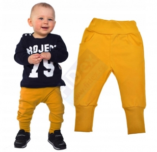 Kojenecké-dětské kalhoty s úpletem a kapsami hořcicové vel. 68-116