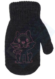 dívčí rukavice pletené zateplené grafitové s kočičkou 13 cm