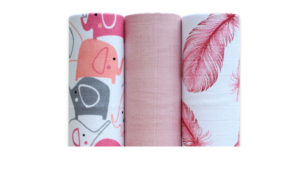 MUŠELÍNOVÉ plínky 3 ks 60X80 cm slonící a pírka + starorůžová
