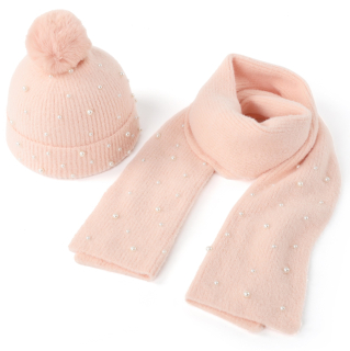 dětská zimní čepice + šála s perličkami vel. 54-58 růžová