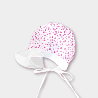 dívčí bavlněná čepice se zavazováním bílá s růžovými puntíky