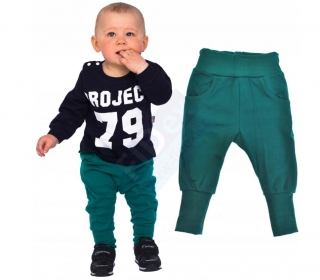 Kojenecké-dětské kalhoty s úpletem a kapsami lahvově zelené vel. 62-116