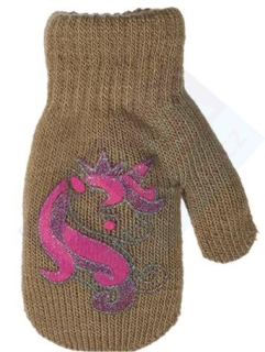 dívčí rukavice pletené zateplené okrové s jednorožcem 12 cm