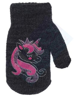 dívčí rukavice pletené zateplené grafitové s jednorožcem 12 cm