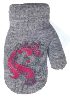 dívčí rukavice pletené zateplené šedé s jednorožcem 12 cm