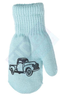 chlapecké rukavice pletené zateplené tyrkysové s autem 14 cm