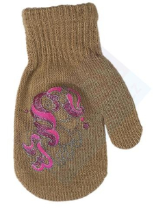 dívčí rukavice pletené okrové s jednorožcem 14 cm