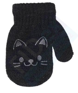 dívčí rukavice pletené grafitové s kočičkou 10 cm