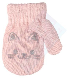 dívčí rukavice pletené světle růžové s kočičkou 10 cm