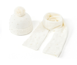 dětská zimní čepice + šála s perličkami vel. 54-58 bílá