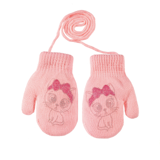 dívčí rukavice pletené zateplené světlá růžová kočička s mašlí 14 cm