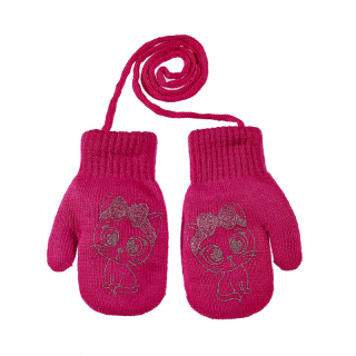 dívčí rukavice pletené zateplené sytá růžová kočička s mašlí 14 cm