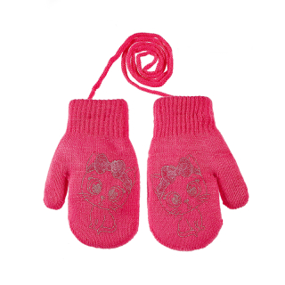 dívčí rukavice pletené zateplené růžová kočička s mašlí 14 cm