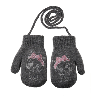 dívčí rukavice pletené zateplené grafitová kočička s mašlí 14 cm
