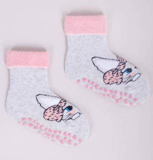 dívčí froté ponožky s protiskluzem šedé s kočkou