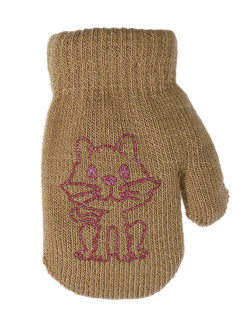 dívčí rukavice pletené zateplené okrové s kočičkou 13 cm